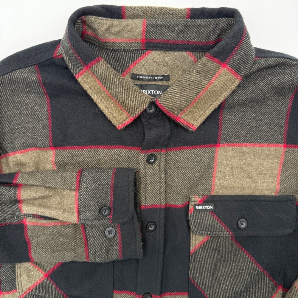 Brixton Flannel Shirt Men Large Black Olive Green Bowery Plaid Standard Fit 5830